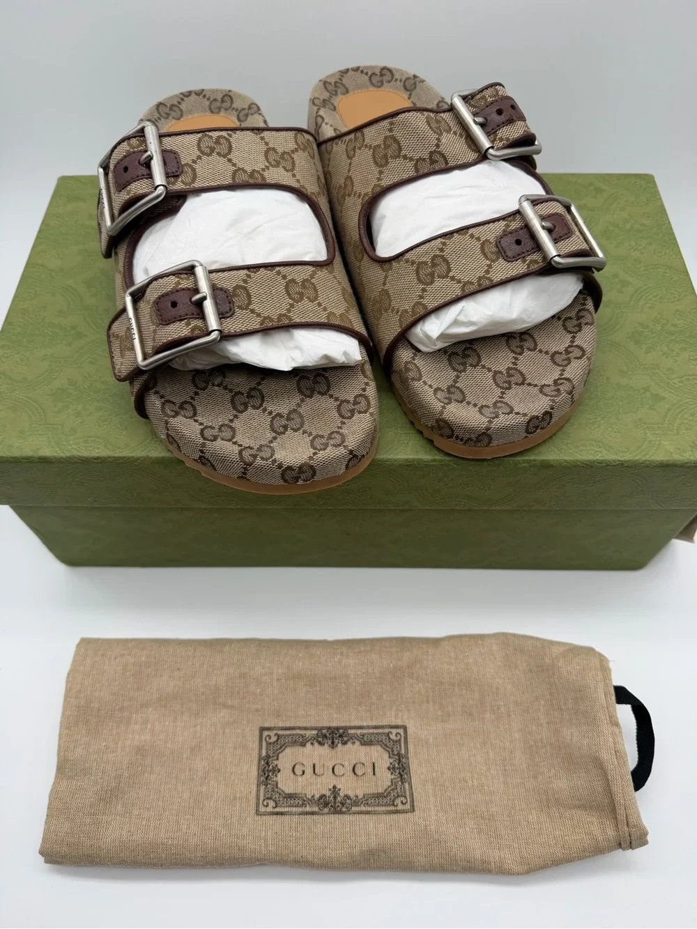 Gucci GG Lavaredo Monogram Canvas Leather Slip on Double Buckle Sandals Men's 6